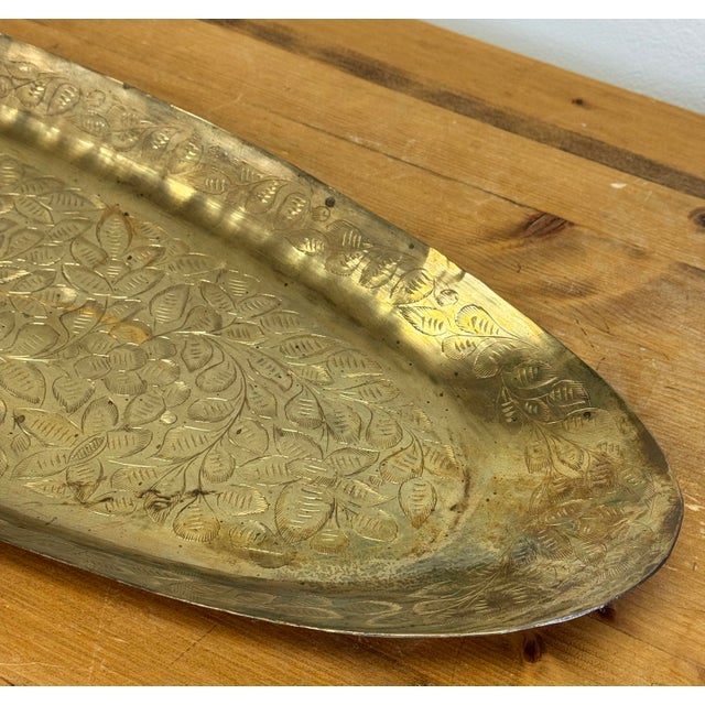 Vintage Indian Engraved Floral Brass Tray For Sale In Kansas City - Image 6 of 8