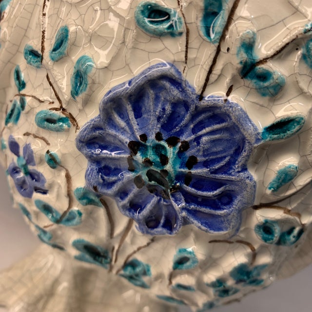 Mid-Century Modern Italian Attributed to Alvino Bagni Ceramic Owl Figurine With Blue Jewel Glass Eyes & Floral Crackle Glaze 10” White and Blue For Sale - Image 11 of 11