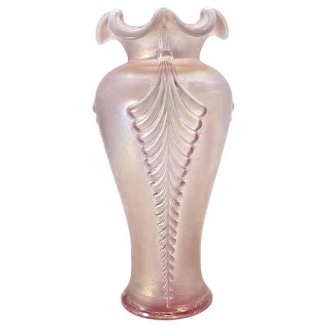 Fenton Pink Opalescent Carnival Glass Feather Pattern Ruffled Vase, Mid-Century For Sale - Image 9 of 16