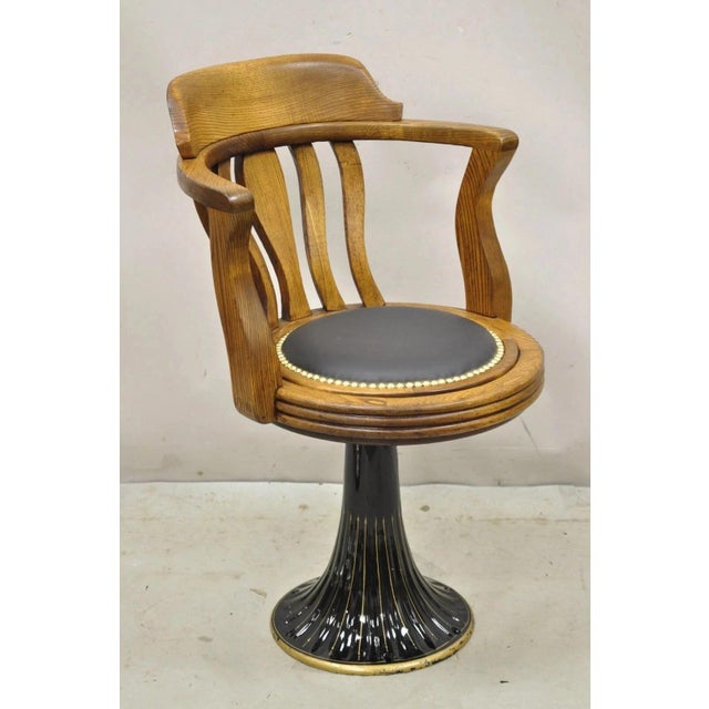 Antique JB Van Sciver Oak Wood Swivel Ship Captains Courthouse Bankers Arm Chair. Item features a floor mount porcelain...