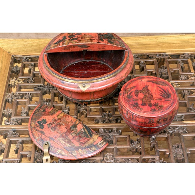 Wood Antique Chinese Red Lacquered Covered Boxes—A Pair For Sale - Image 7 of 9