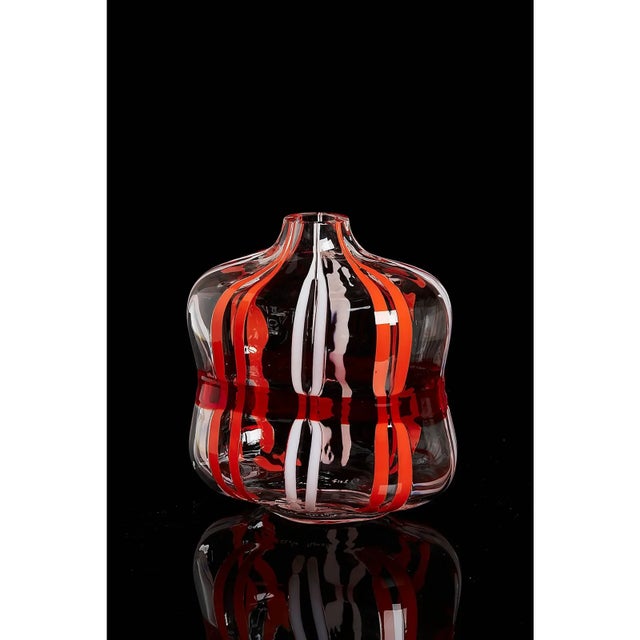 Carlo Moretti Hamsa contemporary mouth blown Murano glass vase in clear glass with white and red stripes. Part of the I...