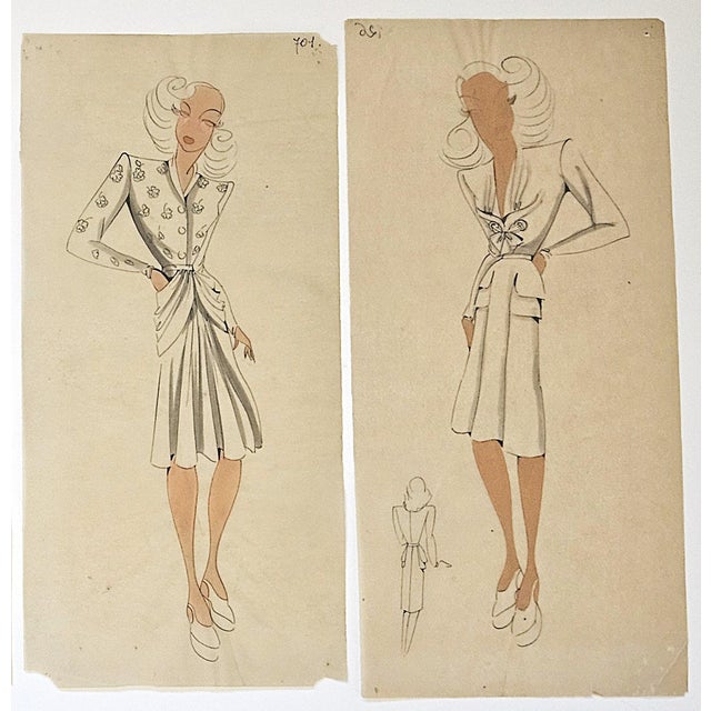 Mid-Century Modern 1940s=Set of 4-Original Mid-Century French Fashion Drawings on Vellum For Sale - Image 3 of 7