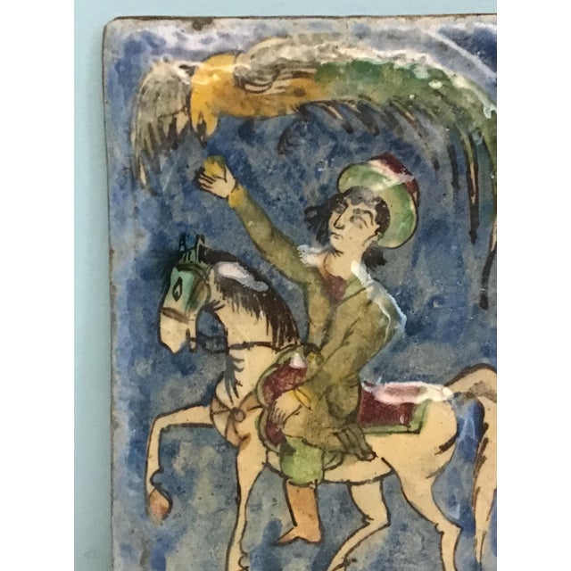 Figurative Antique 19th-Century Persian Qajar Dynasty Ceramic Tile – Equestrian With Bird of Prey For Sale - Image 3 of 6