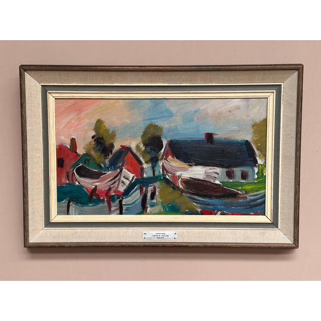 Louis Zelig, Boats in Fishing Village, 1950s, Oil on Panel, Framed For Sale - Image 12 of 18