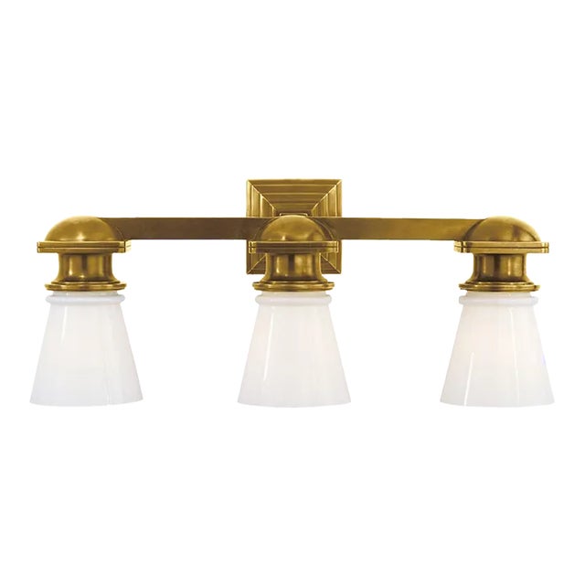 Chapman & Myers for Visual Comfort Signature New York Subway Triple Light in Hand-Rubbed Antique Brass with White Glass For Sale