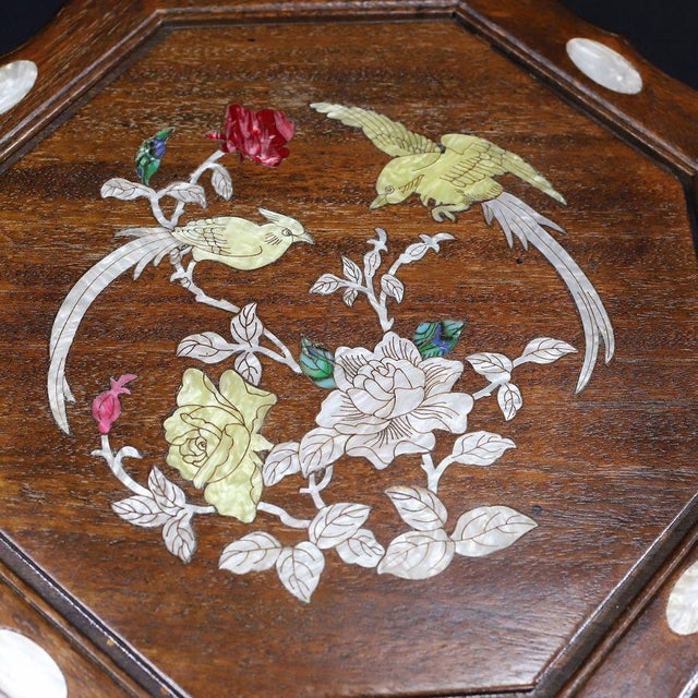 Wood Vintage Rosewood Octagonal Box With Mother-of-Pearl Bird & Floral Inlay For Sale - Image 7 of 10