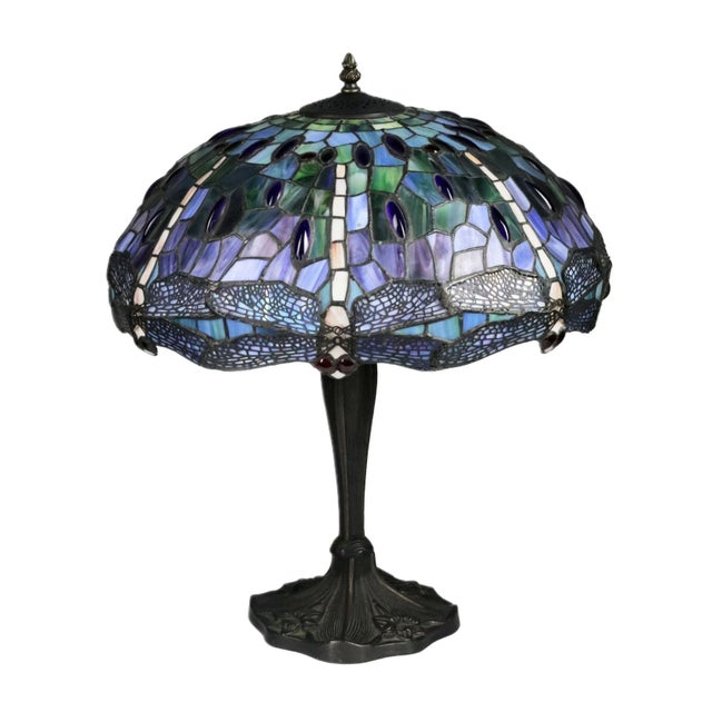 Stained glass lamp in Tiffany style. 20th century. with dragonflies and ruby glass inserts. 54x43 cm. Up to 250V...