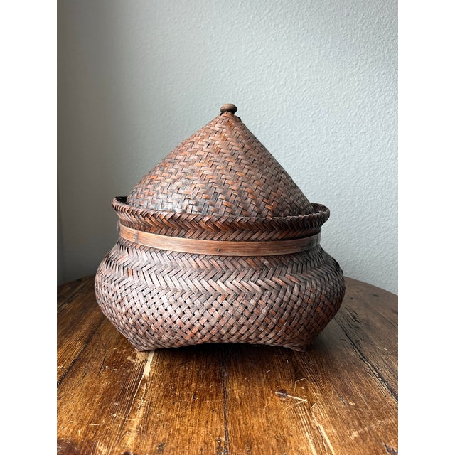 Vintage Asian Woven Basket With Hat-Shaped Cover or Lid Handcrafted from Rattan and Bamboo 14” width, 14” depth and 11.5”...