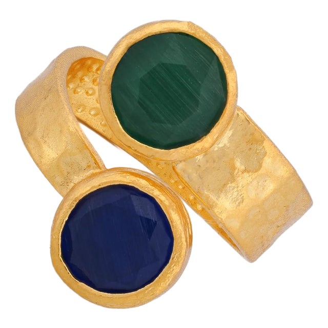 Royal Duo Emerald & Sapphire Gold Adjustable Cuff Ring, Size 8 For Sale
