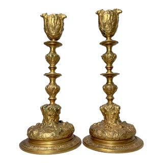Pair Antique Ornate 1800's Gilt Bronze French Figural Candlestick Candle Holders For Sale