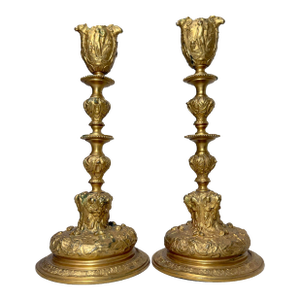 Pair Antique Ornate 1800's Gilt Bronze French Figural Candlestick Candle Holders