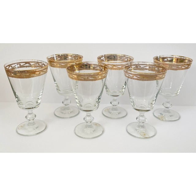 Preziosi Lavarato a Mano Italian Gold Rim Etched Design Wine Glasses- Set of 6 For Sale In San Francisco - Image 6 of 6