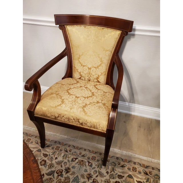 2000 - 2009 John Widdicomb Set of 8 Pristine Klismos Dining Room Chairs With Gold Satin Damask For Sale - Image 5 of 12