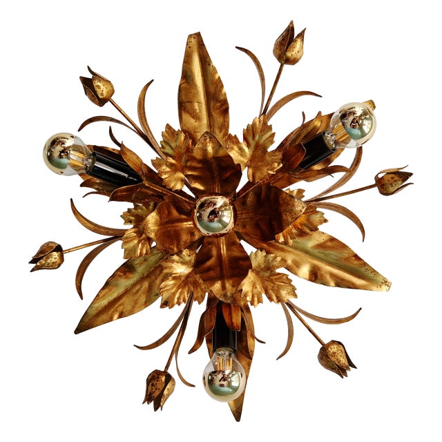 Floral Ceiling Light in Gilded Metal, Italy, 1970s For Sale
