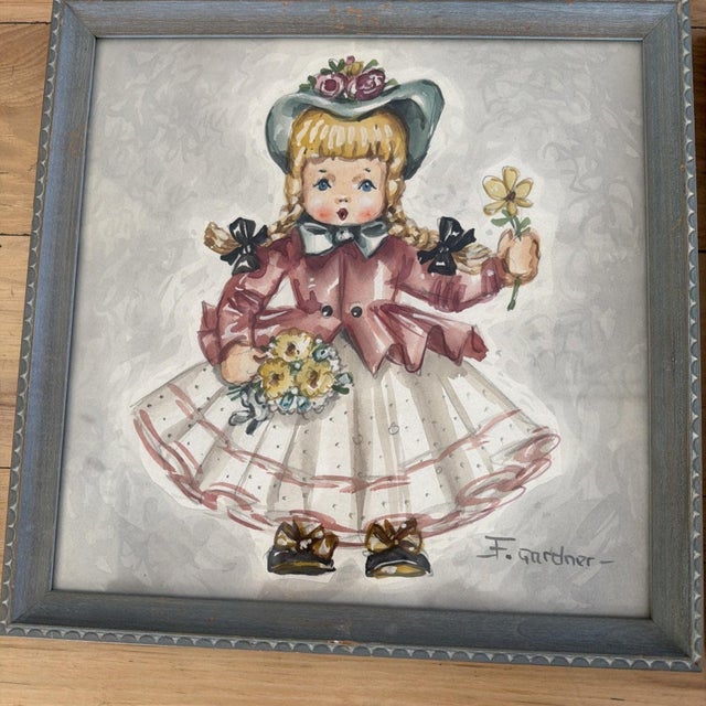 Wood Vintage Mid Century Child Watercolor Paintings Signed F. Gardener Matched Pair For Sale - Image 7 of 14