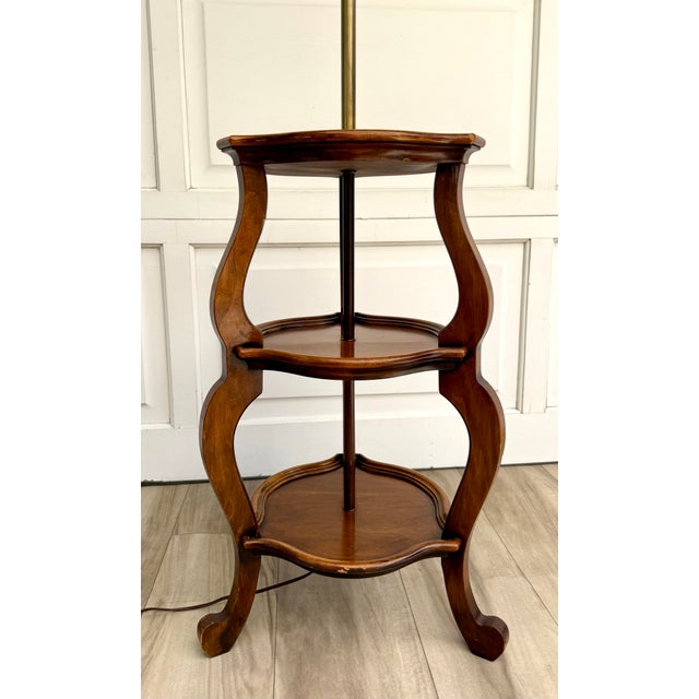 Mid 20th Century Tiered Wood Floor Lamp With Ornate Gold Filigree Shade For Sale In Los Angeles - Image 6 of 12
