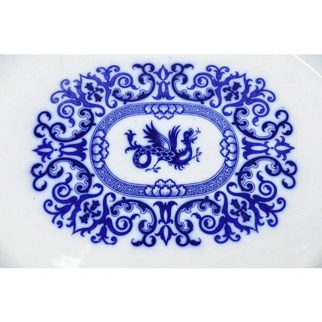 Antique Flow Blue and White Transferware Ironstone Platter Dish W Chinese Dragon For Sale - Image 4 of 12