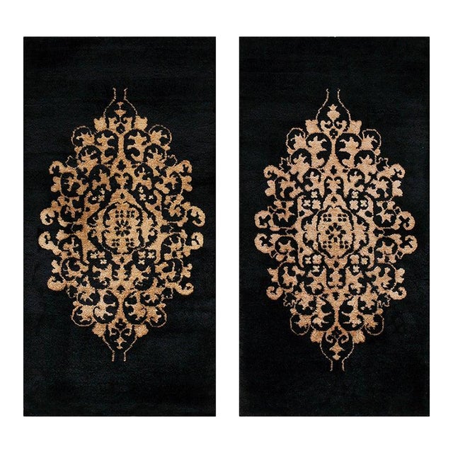1920s Pair of Black Antique Artistic Chinese Art Deco Small Scatter Size Rugs For Sale
