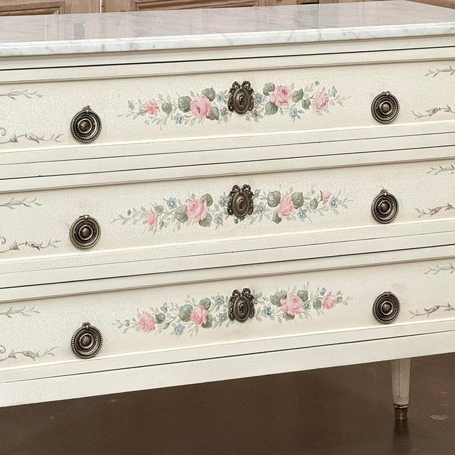 Antique White French Louis XVI Painted Commode With Carrara Marble For Sale - Image 8 of 18