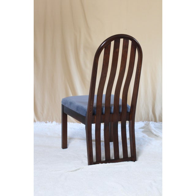 Wood Set of 4 Oak Arched Dining Chairs With Blue Velvet Upholstered Seats For Sale - Image 7 of 16