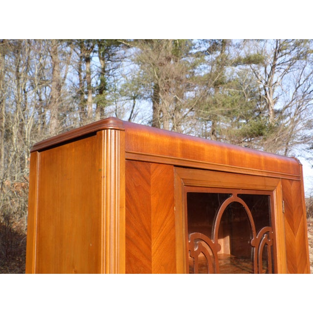 1930's Antique Walnut & Glass Art Deco Waterfall Curio China