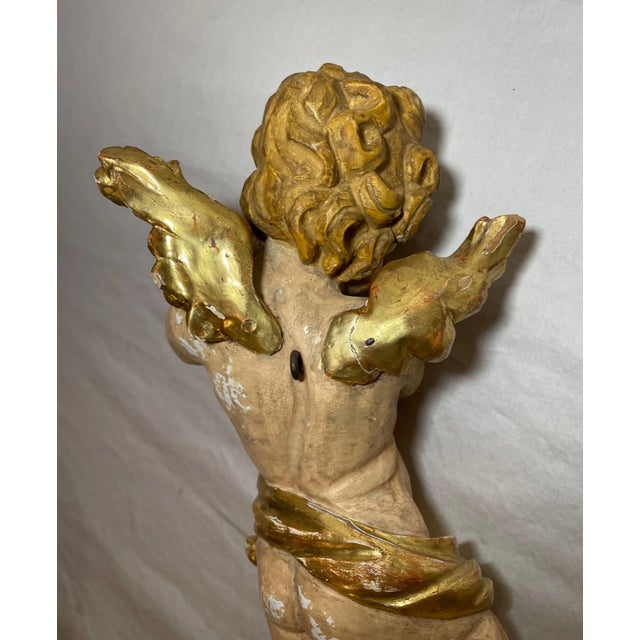 Antique 1800's Hand Carved Gilt Wood Religious Winged Cherub Sculpture Statue For Sale - Image 15 of 15