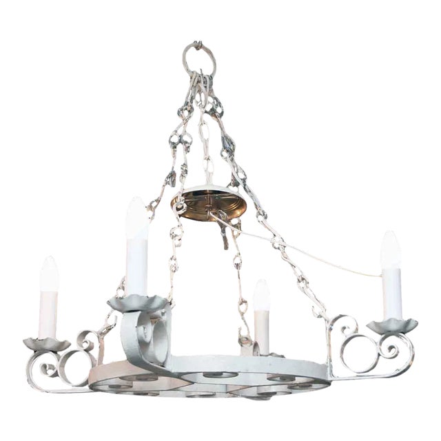 Wrought Iron Arts & Crafts Four Light White Chandelier For Sale