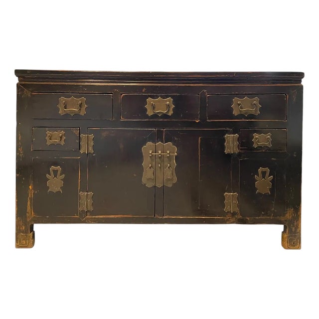 Antique Asian Black Lacquer Drawers Sideboard Buffet Credenza For Sale