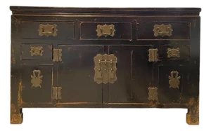 Antique Asian Black Lacquer Drawers Sideboard Buffet Credenza