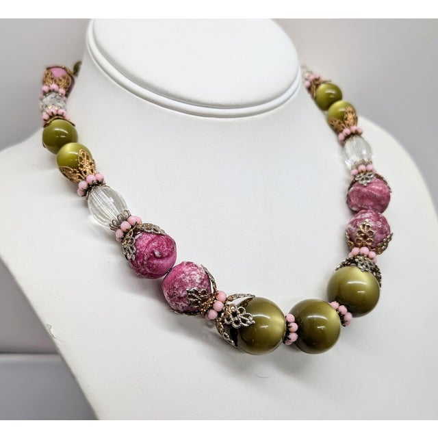 Vintage Signed Hobe Pink, Clear & Green Moonglow Beaded Necklace For Sale - Image 4 of 11