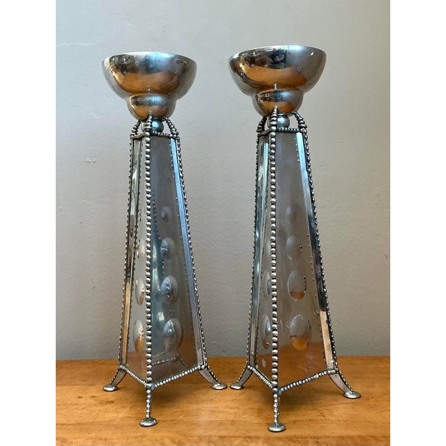 Late 20th Century Vintage 1994 Signed Mirrored Candlestick Holders - A Pair For Sale - Image 5 of 12
