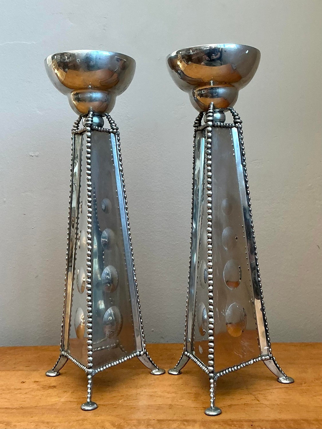 Vintage 1994 Signed Mirrored Candlestick Holders - A Pair - Top view