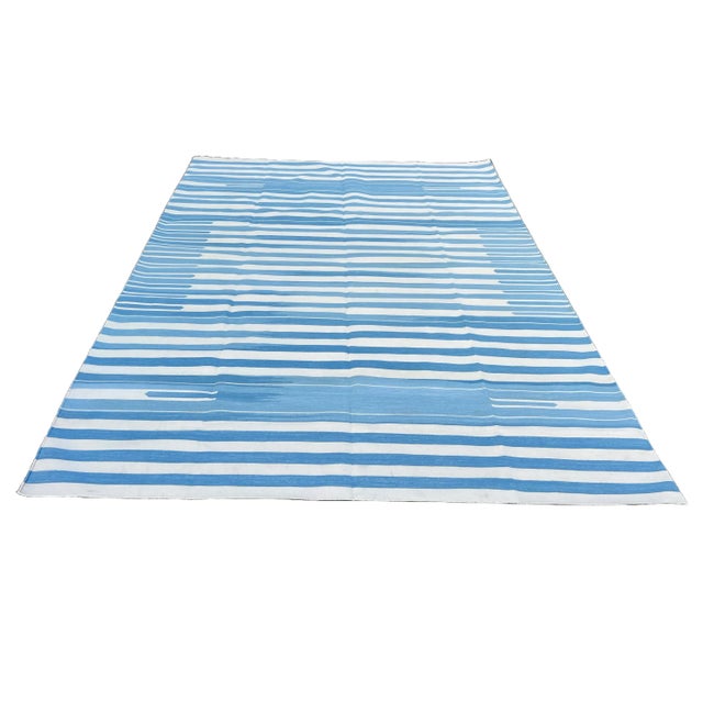 Handmade Cotton Natural Vegetable Dyed Area Rug, Sky Blue and White Striped Dhurrie-5'x7' For Sale - Image 9 of 12