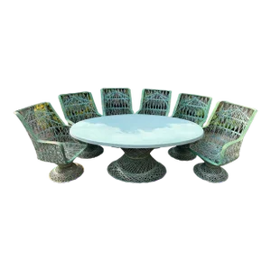 1970s Russell Woodard Style Green Spun Fiberglass Oval Dining Table & 6 Chairs