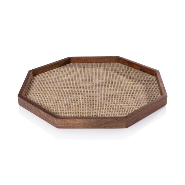 Wood Banyan Mango Wood with Rattan Inlay Octagonal Tray, Large For Sale - Image 7 of 7