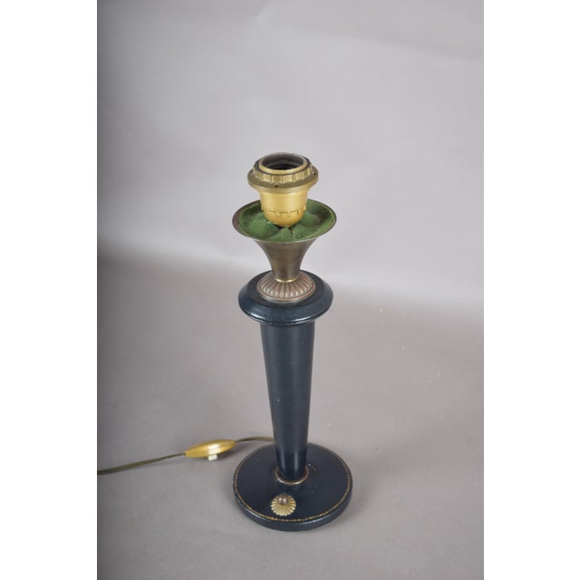 Navy Blue Leather and Brass Table Lamp with Pleated Shade, 1950s For Sale - Image 16 of 18