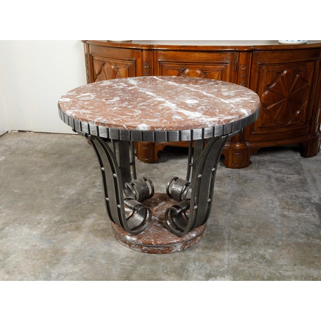French Art Deco Wrought-Iron and Red Marble Center Table, Circa 1920 For Sale - Image 9 of 11