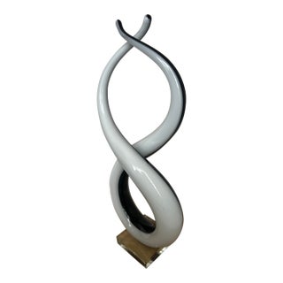 Vintage Murano Love Knot Art Glass Sculpture Black White Lucite Base For Sale