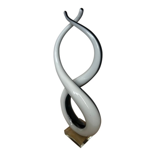 Vintage Murano Love Knot Art Glass Sculpture Black White Lucite Base For Sale