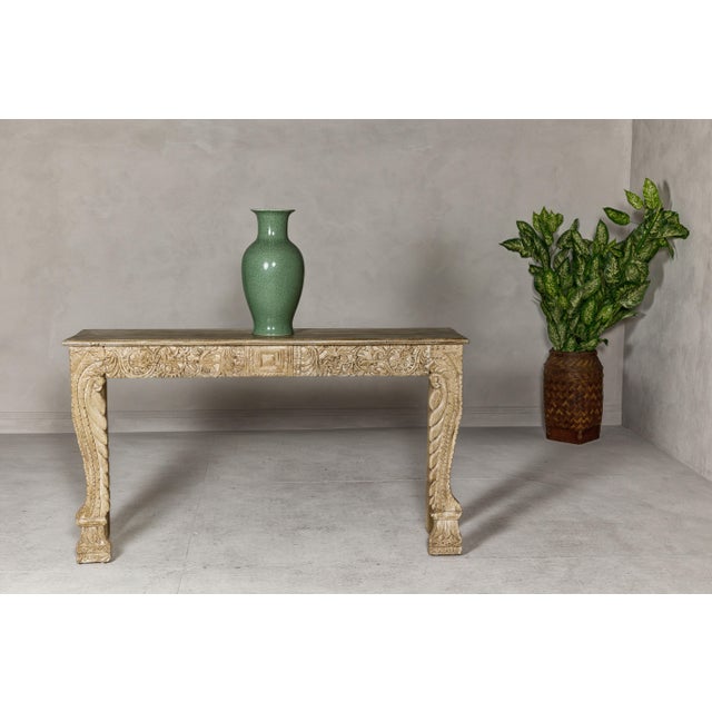 Early 21st Century Mughal Style Painted Console Table with Foliage Carved Apron and Legs For Sale - Image 5 of 12