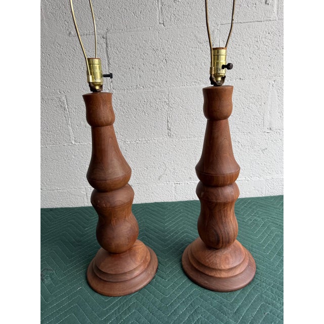 Vintage Mid-Century Sculptural Turned-Wood Table Lamps - Pair For Sale - Image 14 of 17