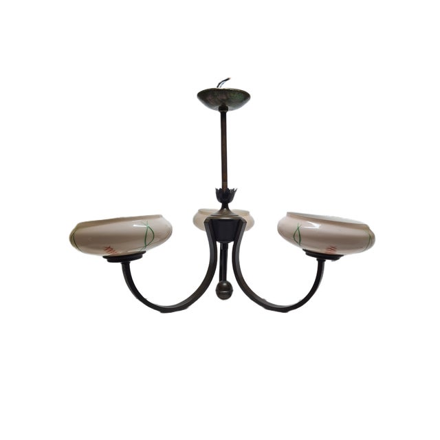 Art Deco Glass Chandelier, Poland, 1930s, in Very Good conditions. Designed 1970 to 1979 European Plug (up to 250V).The...