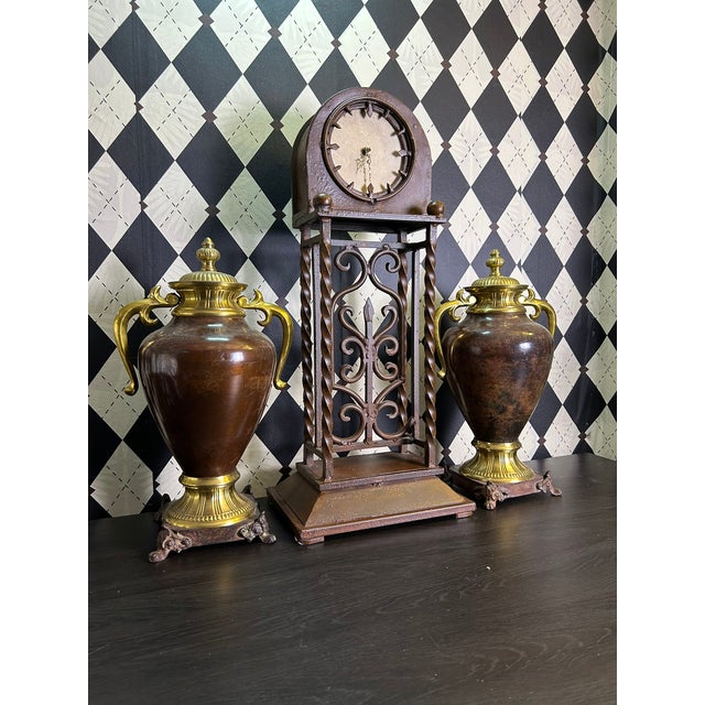 1970s Grand Old World Ironwork Table Clock With Architectural Scrollwork, 25" For Sale - Image 10 of 18