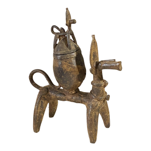 African Nobility Ceremonial Dogon Bronze Horse W/ Covered Container 12" H