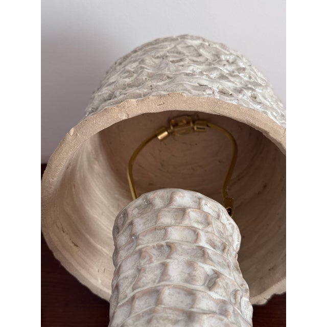 2020s Handmade Ceramic Table Lamp With Textured Stoneware Surface in White Color For Sale - Image 5 of 7