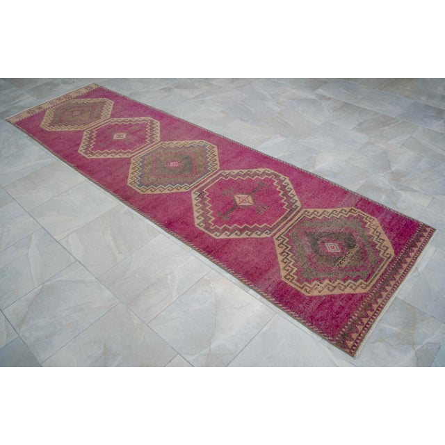 Textile Hand-Knotted Turkish Runner Rug Hallway Rug, Kitchen Runner, Bed Side Accent - 3′ × 11′3″ For Sale - Image 7 of 13
