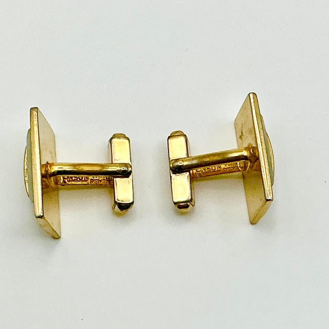 Metal 1950s Mid-Century Hollywood Regency Boho Chic Gold Tone Faux Capiz Shell Cufflinks - A Pair. For Sale - Image 7 of 9