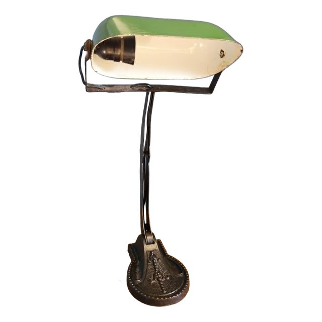 Bank Lamp with Cast Iron Base and Enameled Metal Shade, 1920s For Sale