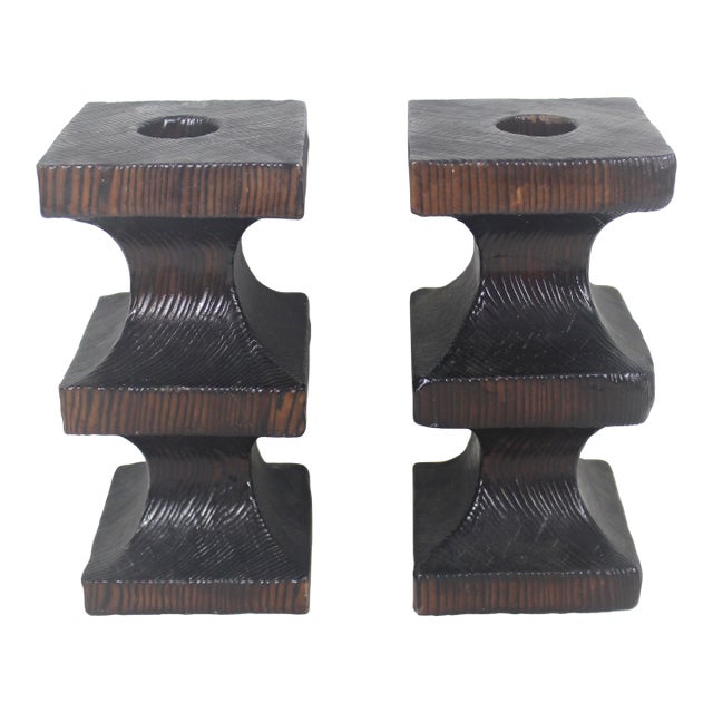 Vintage Brutalist Wood Candle Holders, Wood, Gothic, Spanish Revival- Set of 2 For Sale